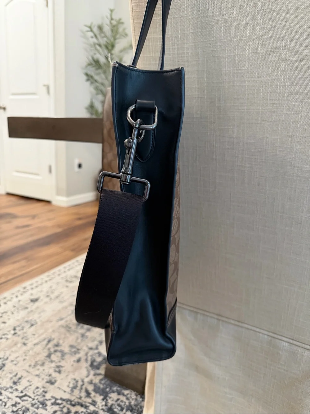 Coach Brown Signature Stripe Messenger Tote with Black Trim